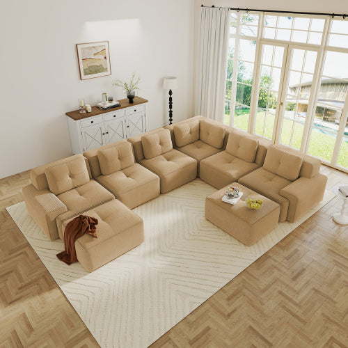 Modular Sectional Sofa for Living Room, Corduroy Fabric Deep Seat and Movable Ottoman, Pearl-like piping, Tufted Design, No Assembly