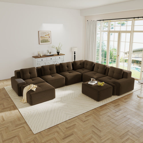 Modular Sectional Sofa for Living Room, Corduroy Fabric Deep Seat and Movable Ottoman, Pearl-like piping, Tufted Design, No Assembly