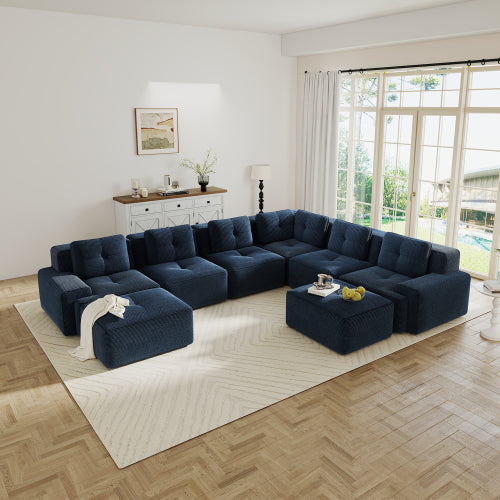 Modular Sectional Sofa for Living Room, Corduroy Fabric Deep Seat and Movable Ottoman, Pearl-like piping, Tufted Design, No Assembly
