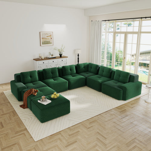 Modular Sectional Sofa for Living Room, Corduroy Fabric Deep Seat and Movable Ottoman, Pearl-like piping, Tufted Design, No Assembly