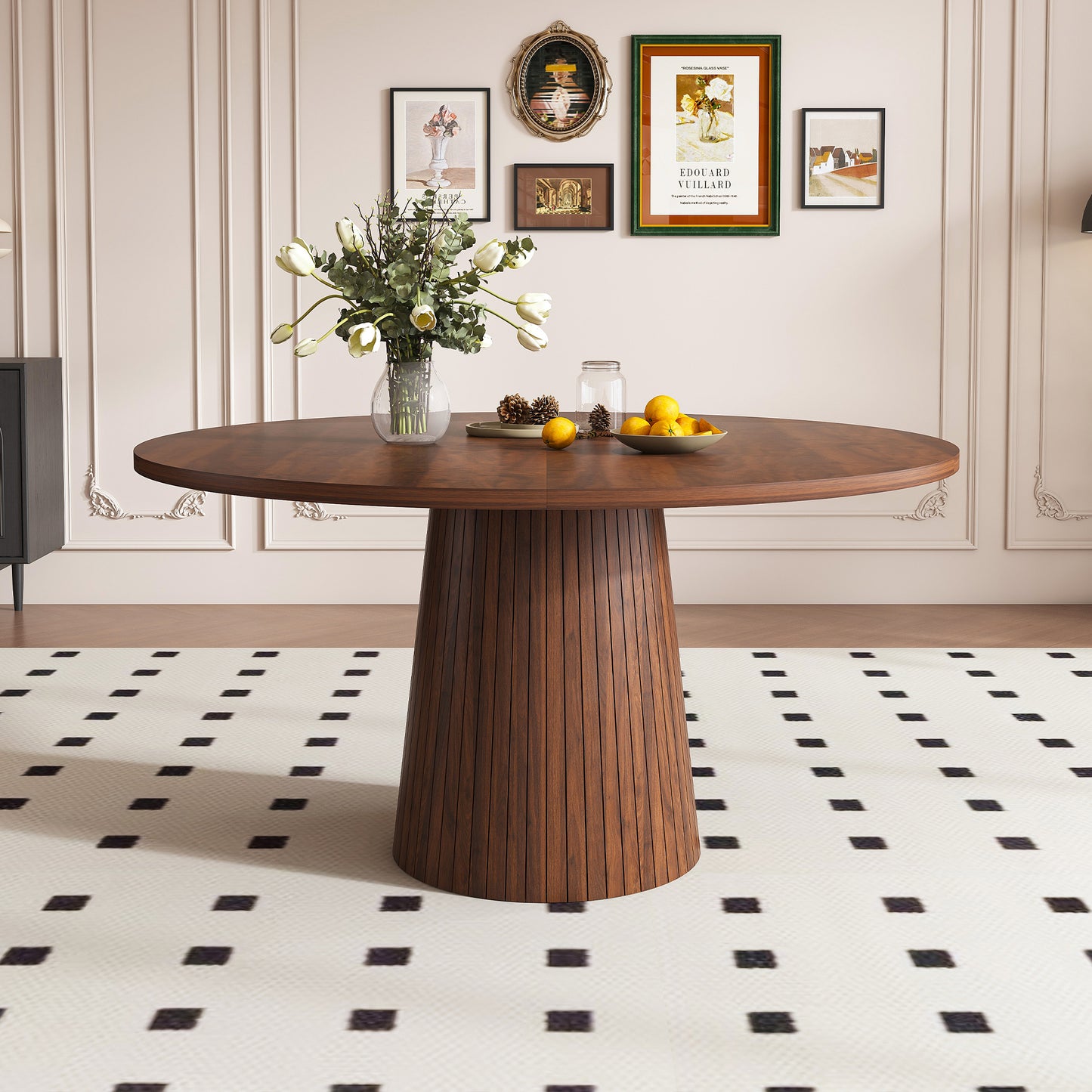 Round MDF Dining Table Modern Farmhouse Kitchen Table with Wood Strip Base