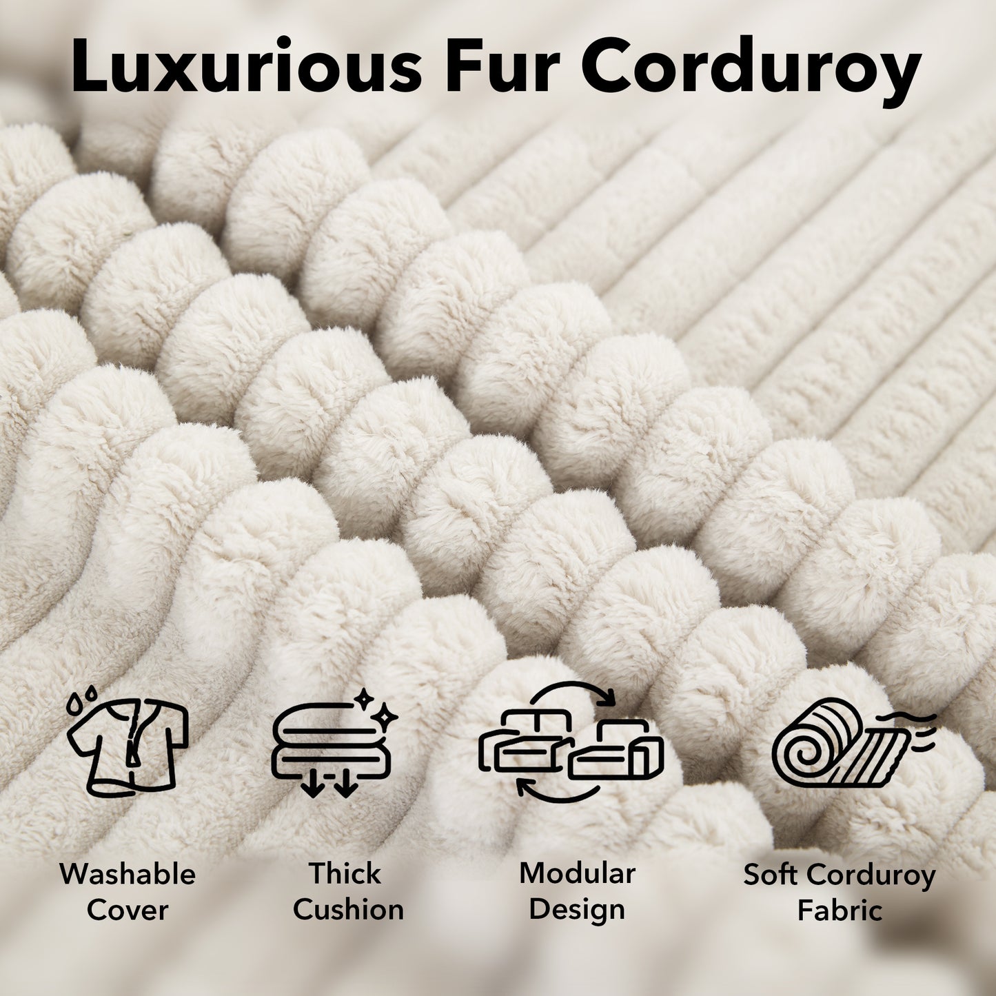 130" Modular U-Shaped Cloud Couch – No Assembly Memory Foam Sectional Sofa in Corduroy (Beige White)