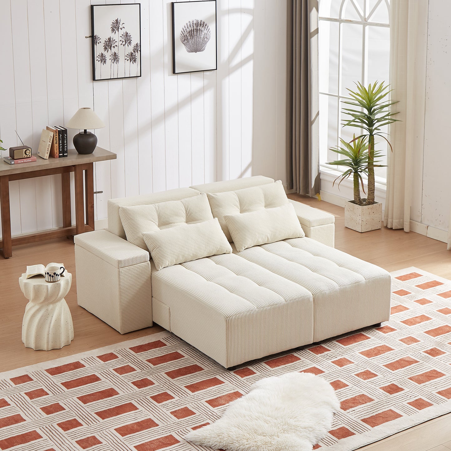 Corduroy Convertible 3 in 1 Sleeper Sofa and Sectional Sofa with 4 Storage Space With 4 pillows