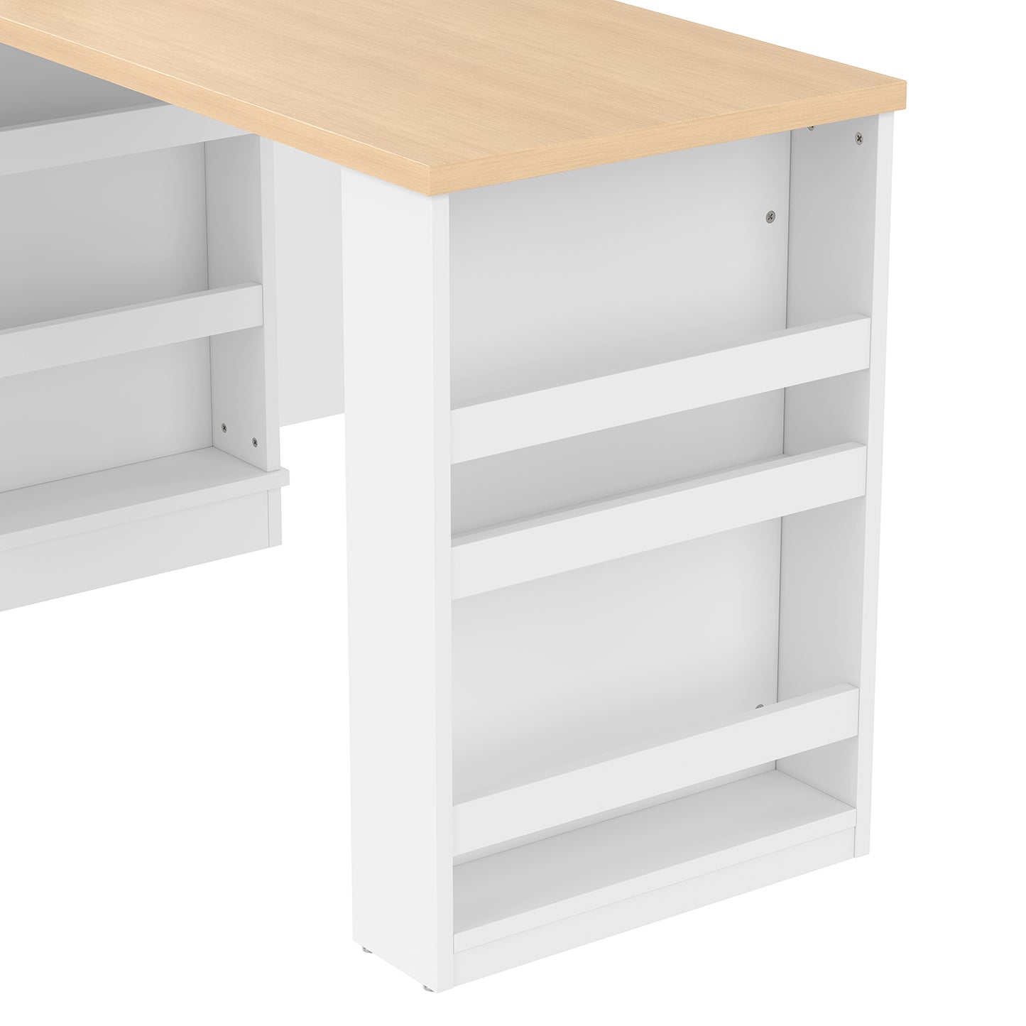 Extendable island console with drawers, double-door cabinet, and open shelving