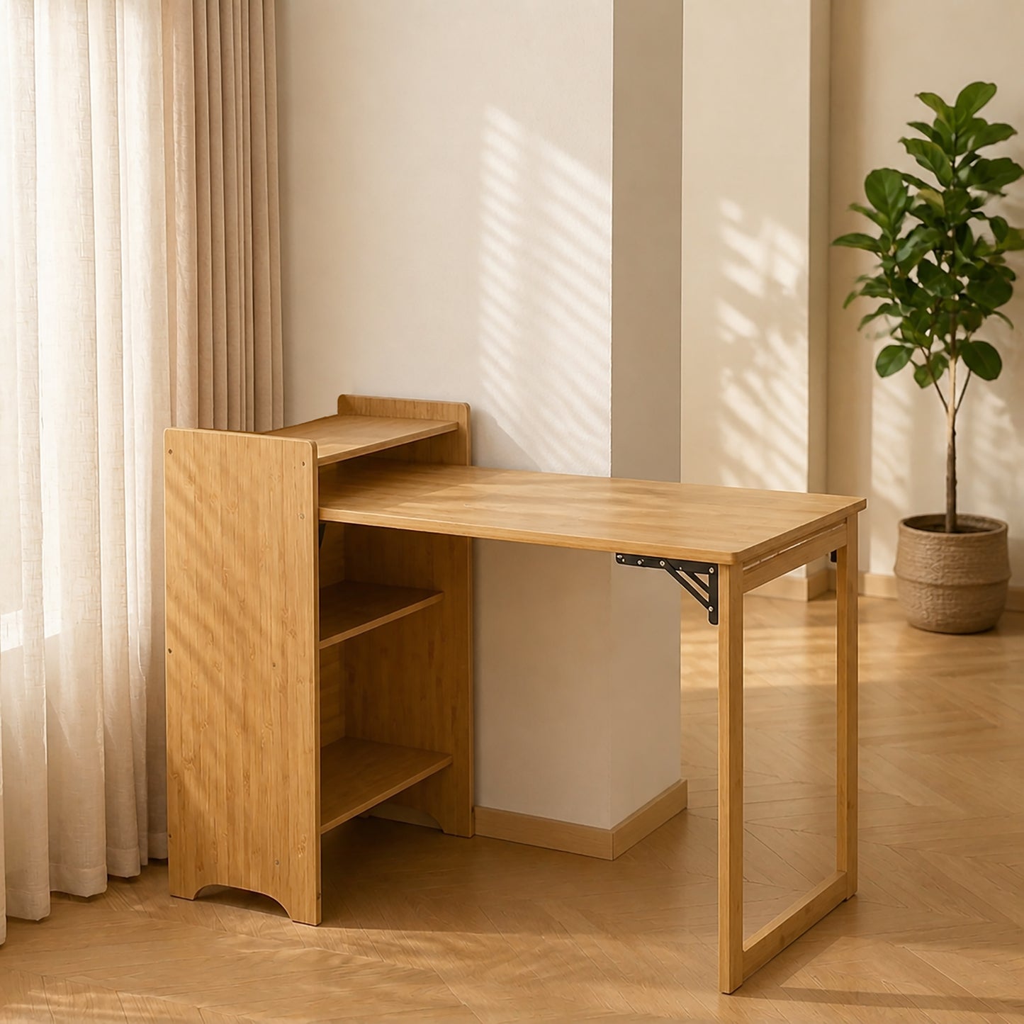 Foldable Desk Computer Desk with Hidden Storage for Small Space | Bamboo Folding Table – Natural/Walnut
