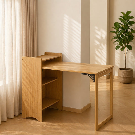 Foldable Desk Computer Desk with Hidden Storage for Small Space | Bamboo Folding Table – Natural/Walnut