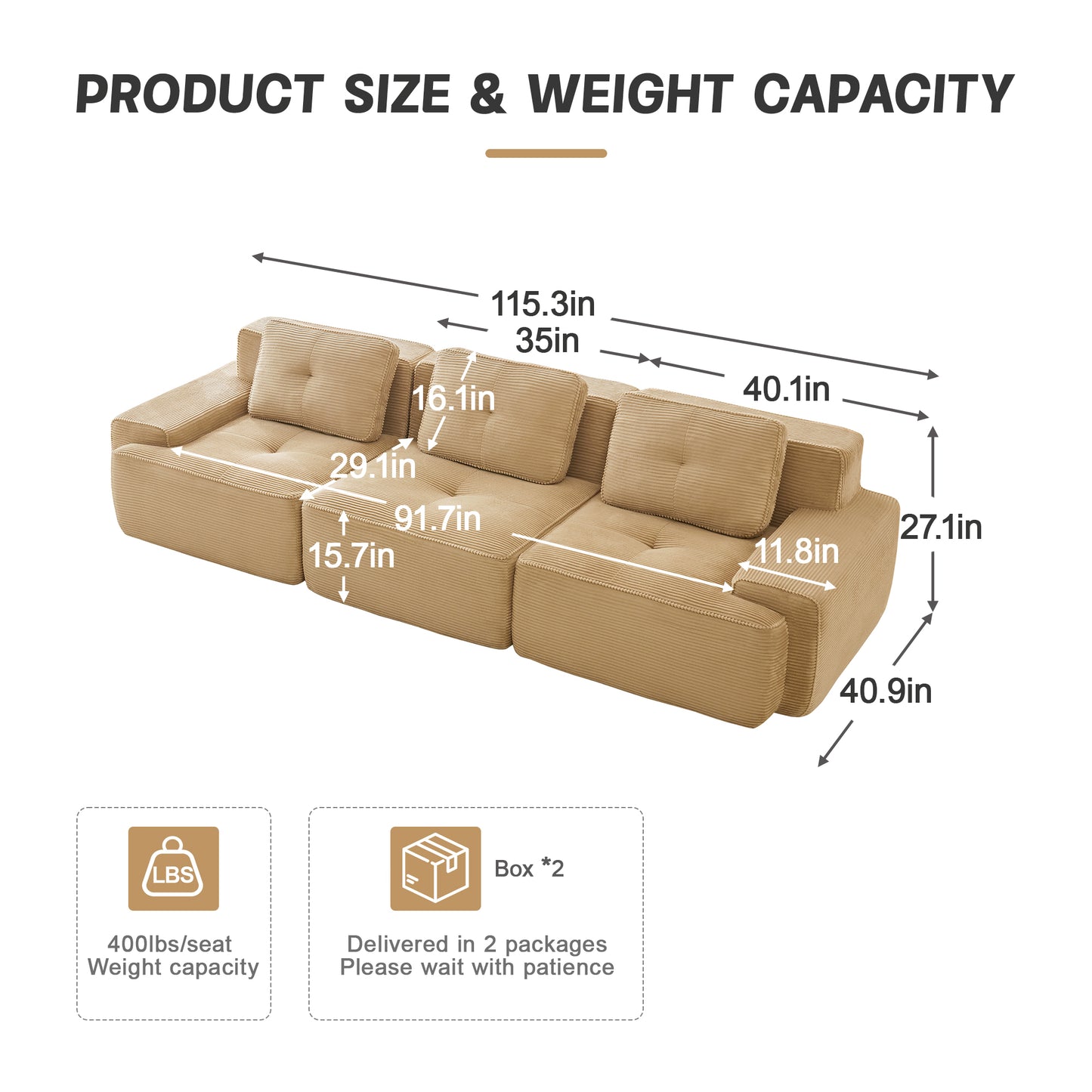 Modular Sectional Sofa for Living Room, Corduroy Fabric Deep Seat and Movable Ottoman, Pearl-like piping, Tufted Design, No Assembly