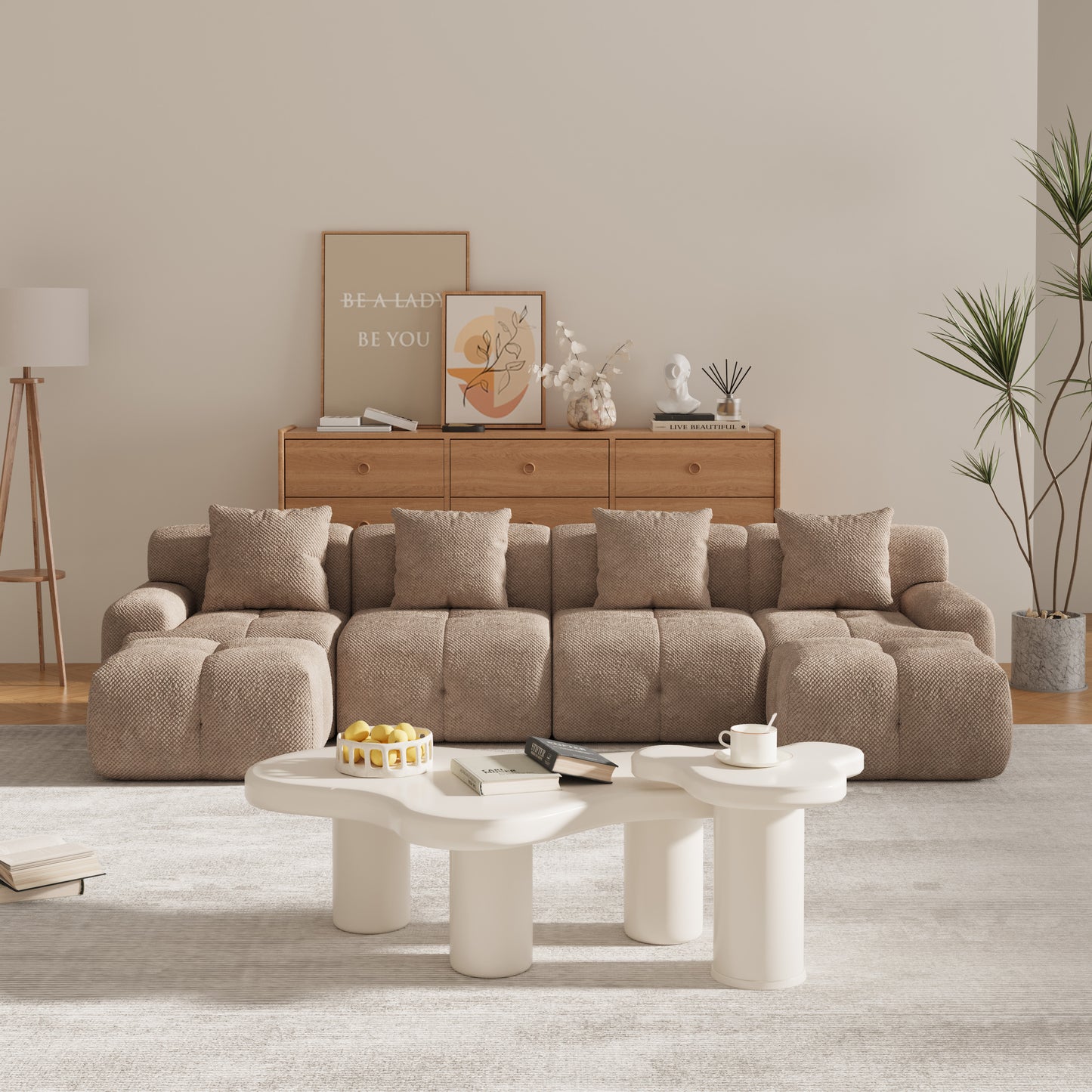 ModernModular  Loveseat  Sofa L Shape Sectional Sofa  , 2-4-6 Seater Tufted Comfy Cloud Tufted Floor Convertible Couch with 2 Pillows