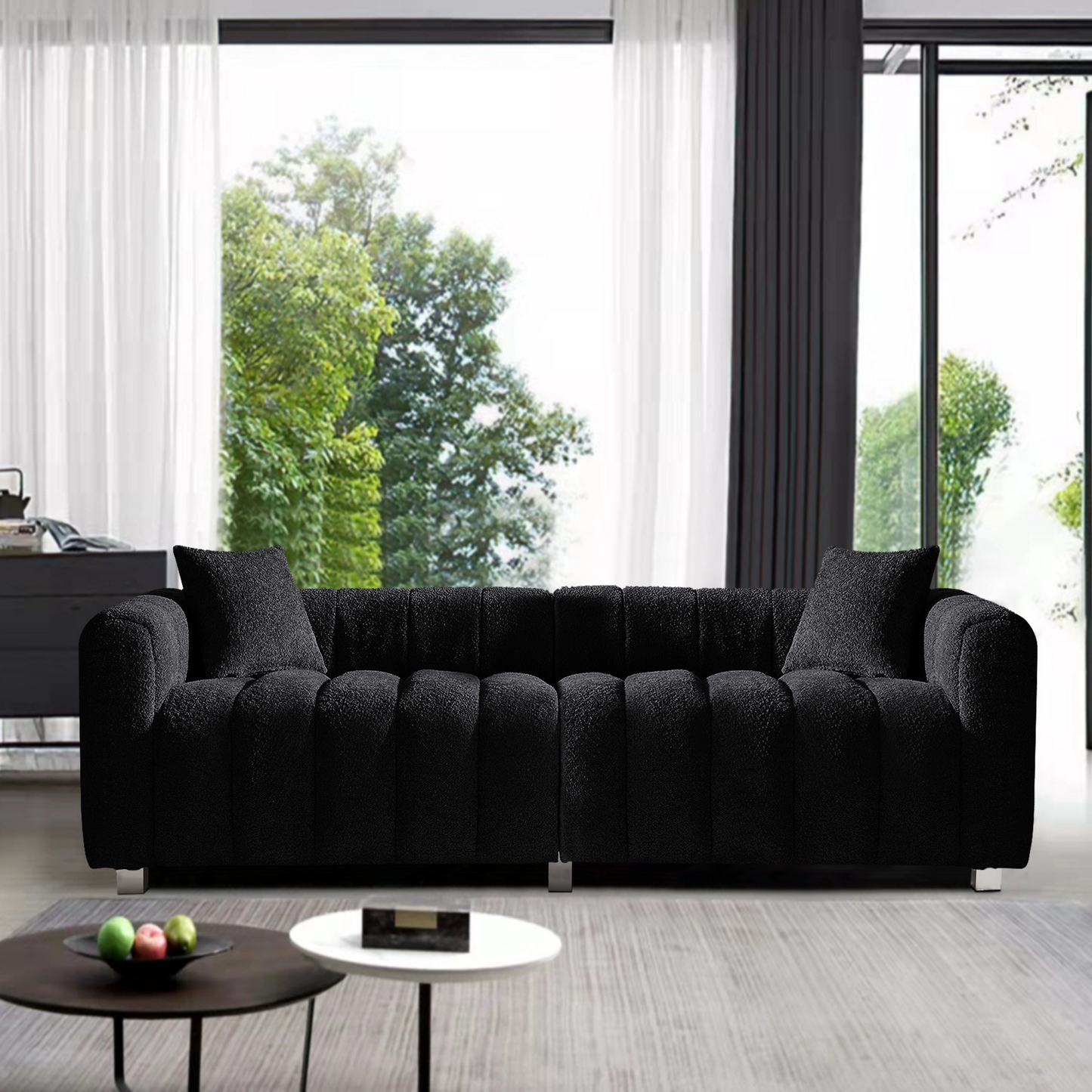 Premium Velvet Sofa 3-Seater Loveseat | Modern Bubble Upholstered Couch with Metal Base Legs + 2 Pillows – Modular Piano Design