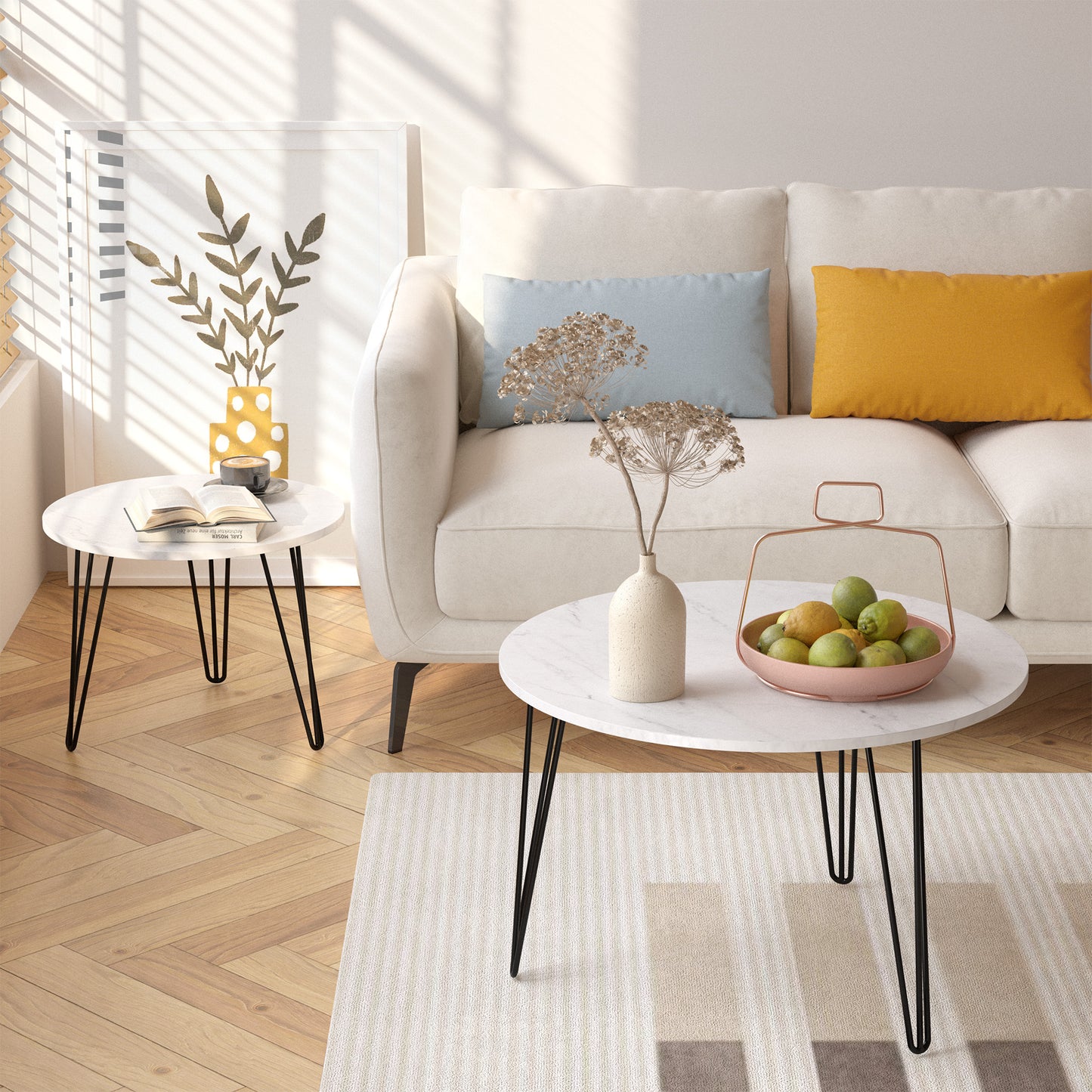 2 - Piece 27.56'' Round Nesting Coffee Table Set: Wooden Top, Sturdy Metal Base for Living & Bedroom