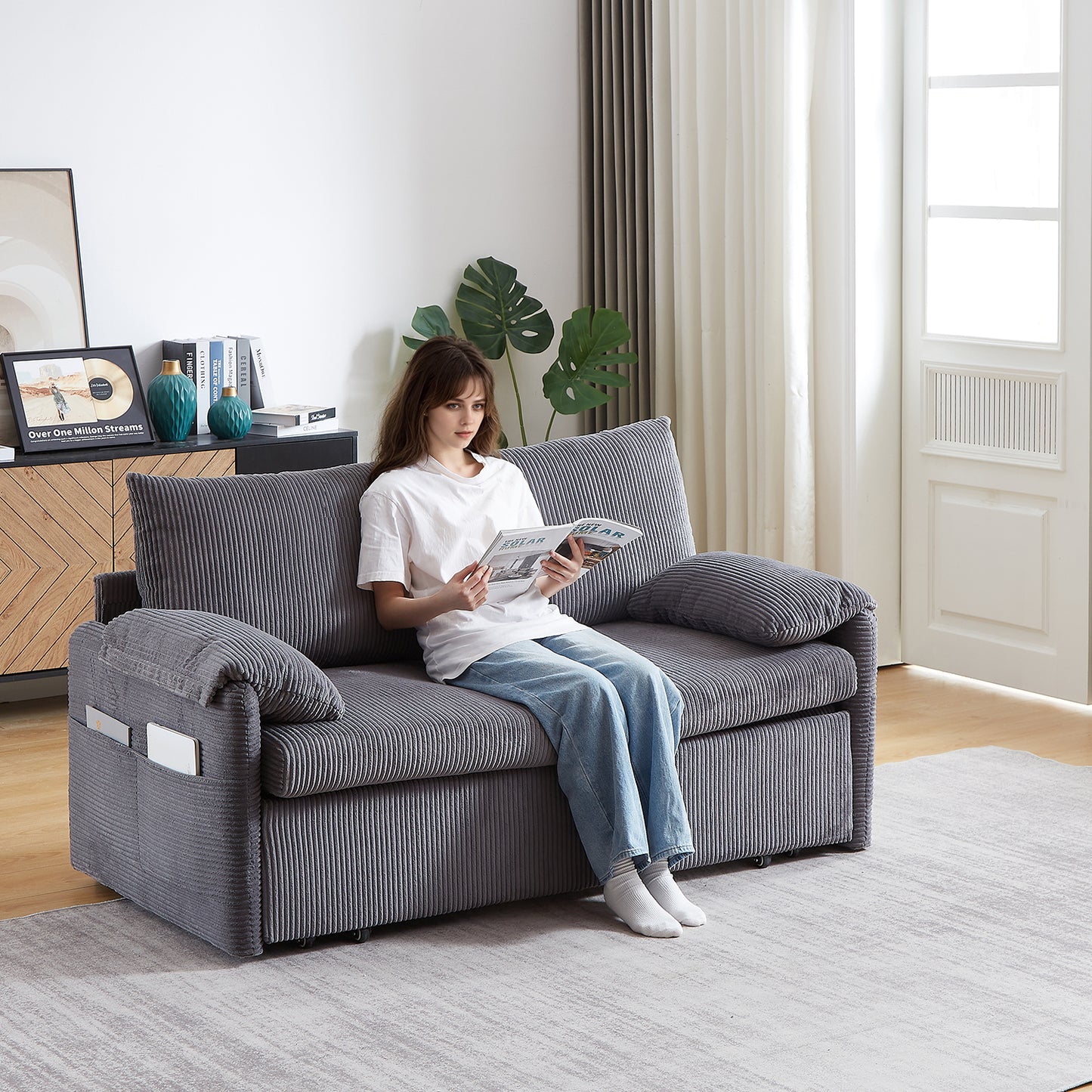 Sleeper Sofa Bed 3-in-1 Adjustable Sleeper with Pullout Bed, 2 Pillows and Side Pockets – Corduroy Loveseat