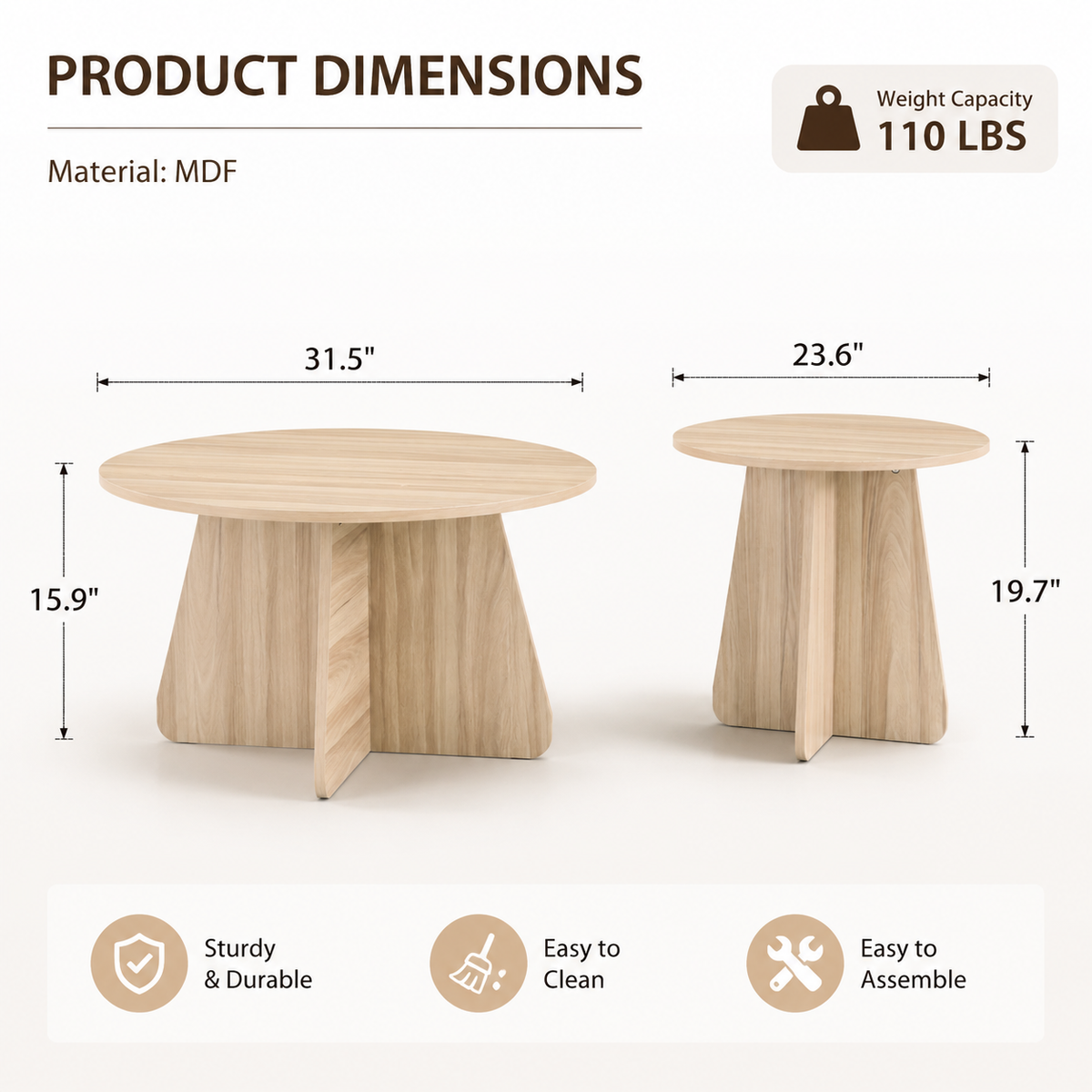 Retro-Style Nesting Coffee Table Set – Walnut or Natural Wood Finishes, Round Side Tables with Crisscross Legs