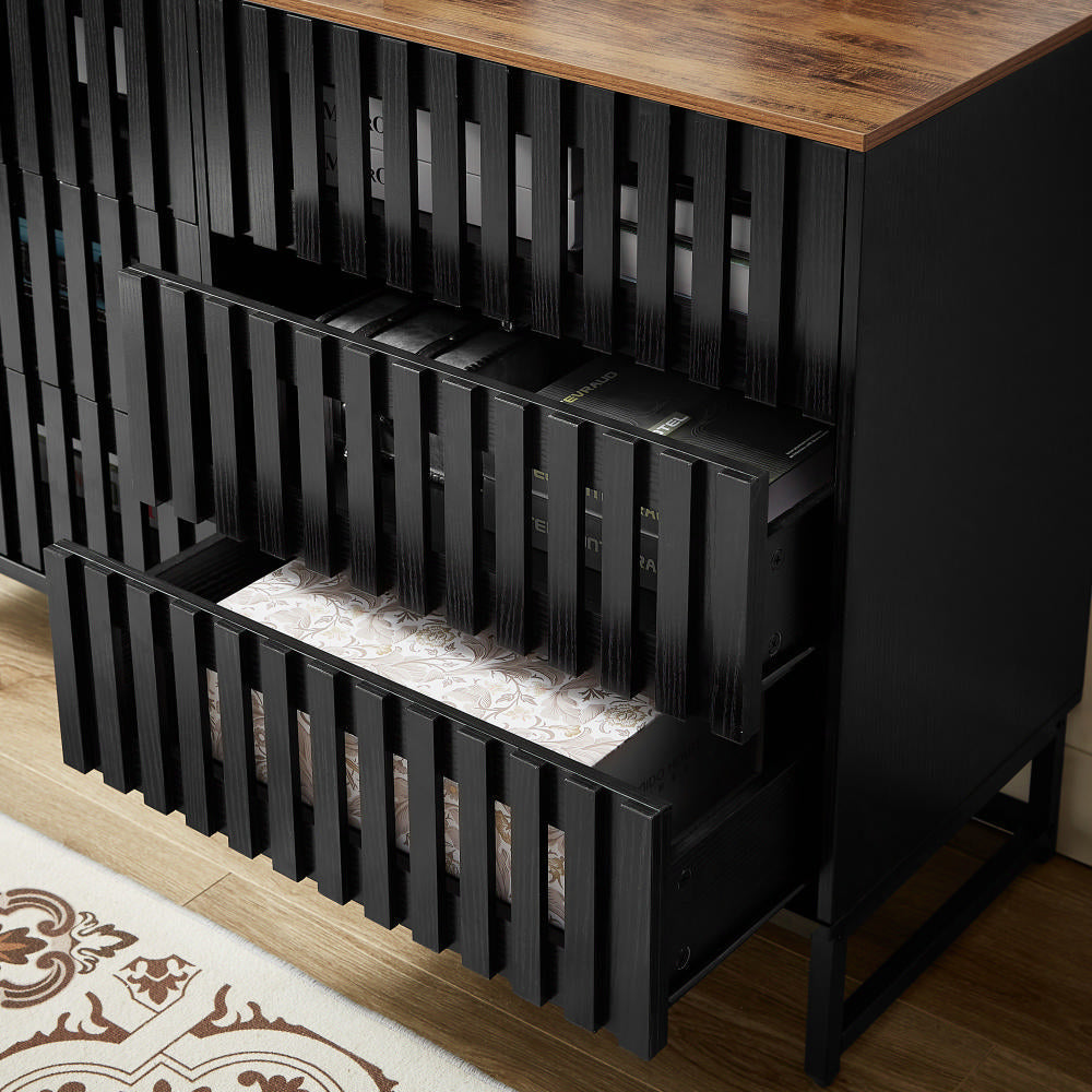 Modern Style Cabinet With Slatted Grille Striped Drawer & Door And Metal Leg