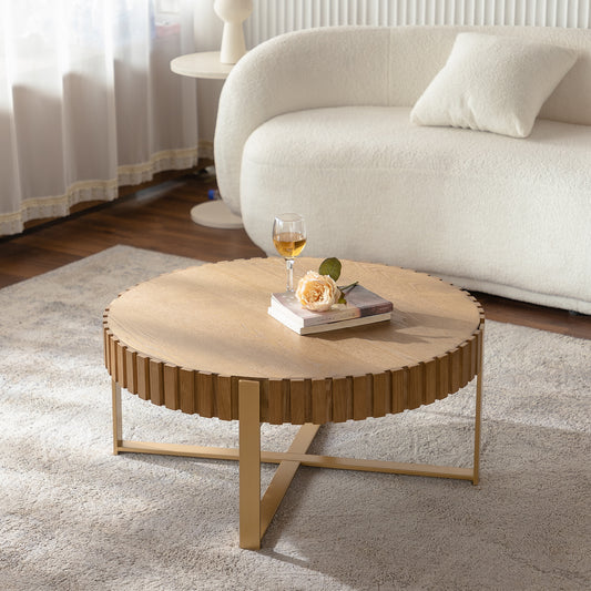 Round Coffee Table Handcrafted Relief Sturdy Pedestal Wooden Olive-Shaped Tea Table for Living Room