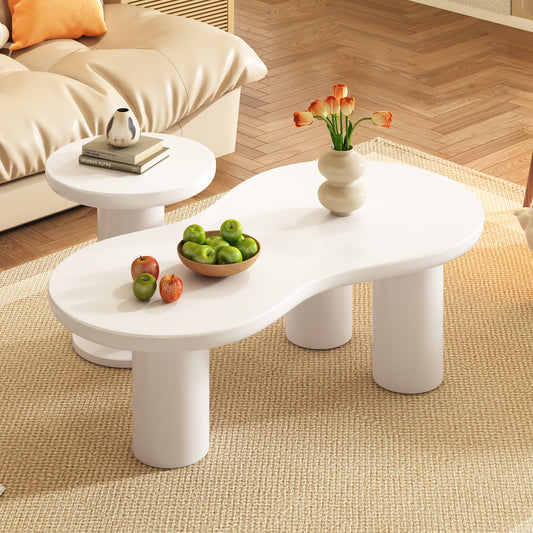 Easy Assembly Nesting Coffee Table Set of 2, Cream Style Cloud Coffee Table with Round Small Side Table