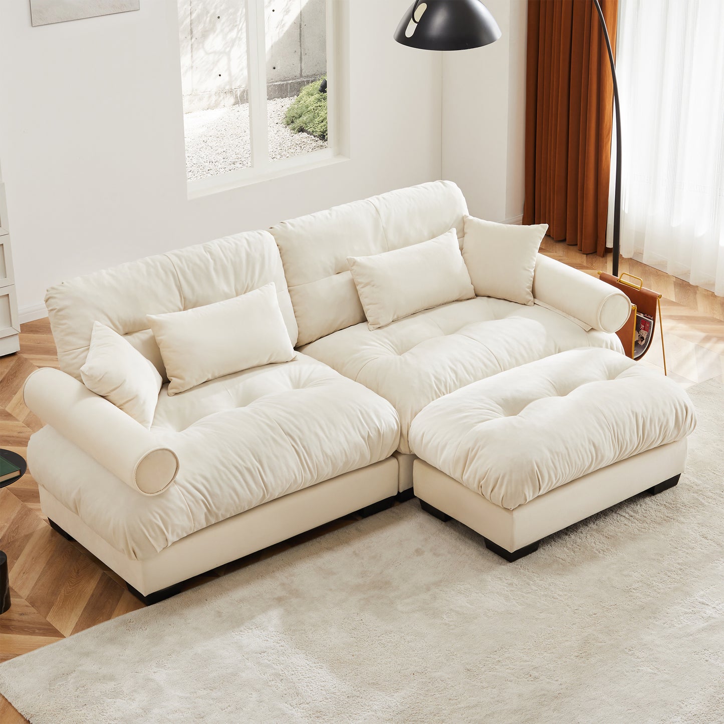 Deep Seat Cloud Couch in Cream: Modular Velvet Sectional with Bolstered Armrests 2-3-4 seats