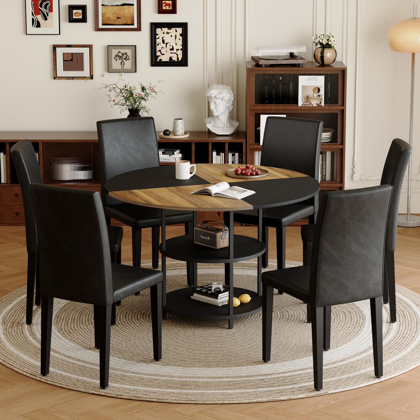 47.3 - Inch Spliced - Color Circular Dining Table Set: 4-6 Black PU Chairs, Double - Layer Storage