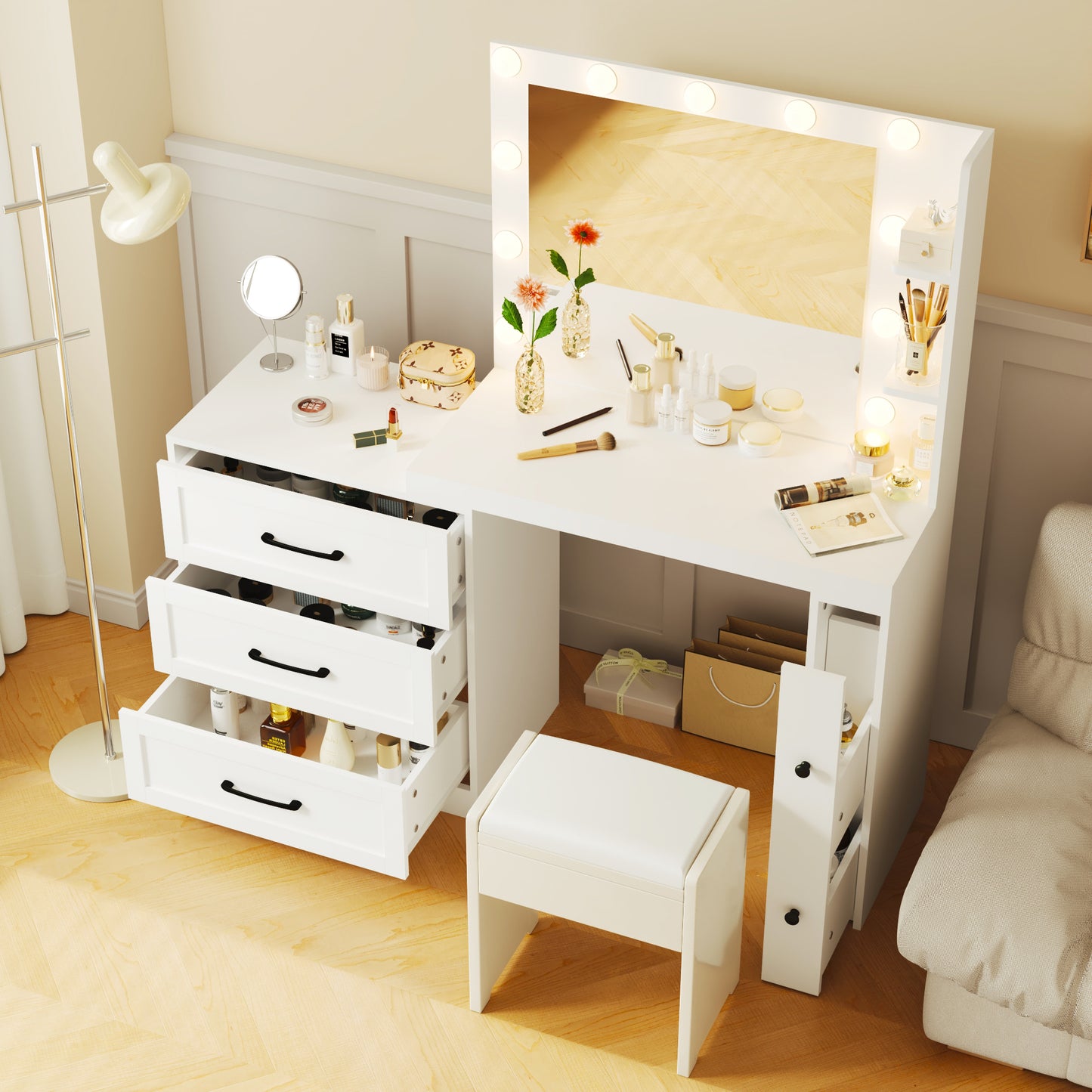 Makeup Vanity with Hollywood Lights: 5 Storage Drawers, 2 - Shelves, Freely Adjustable Side Cabine