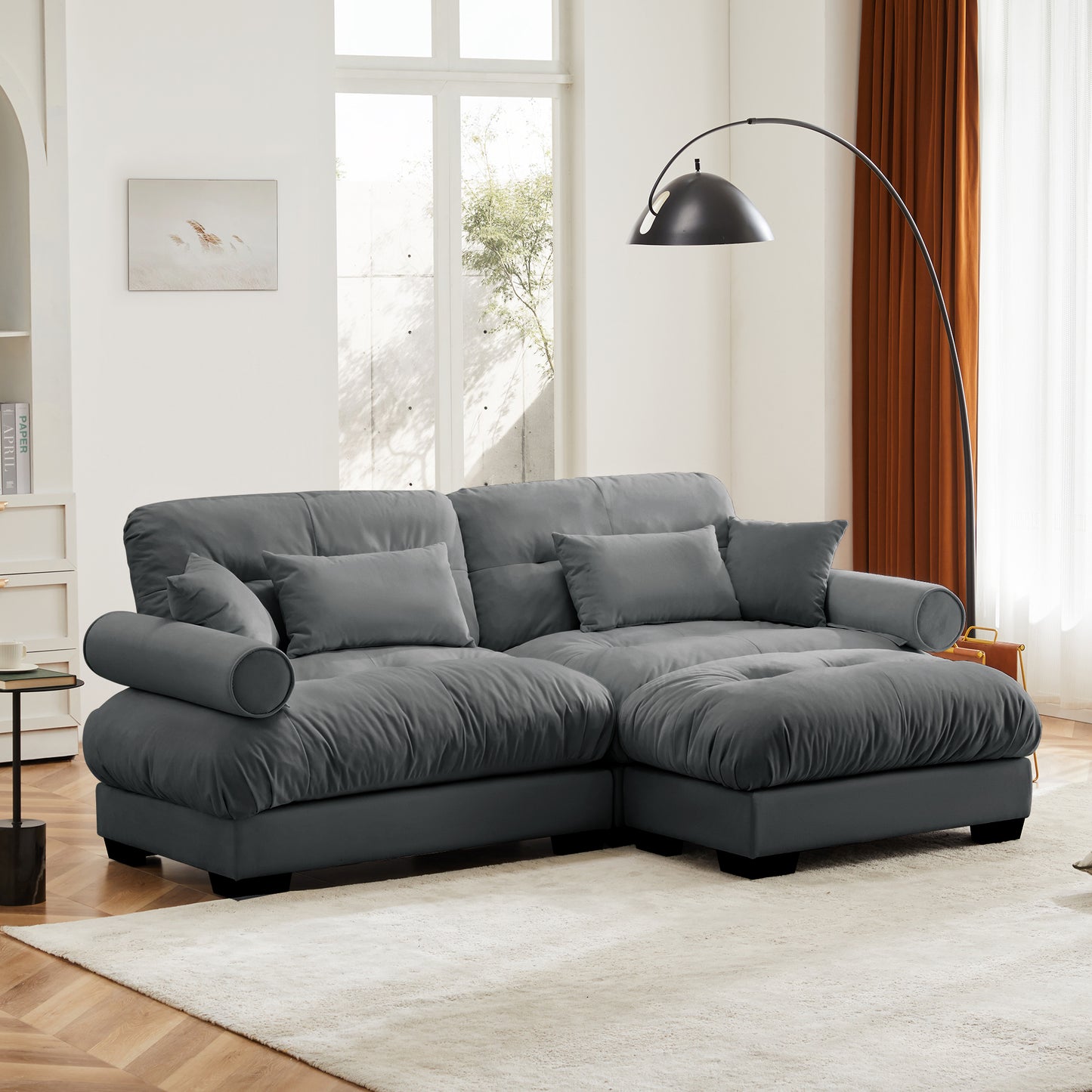 Deep Seat Cloud Couch Modular Velvet Sectional Sofa Couch with Movable Ottoman,Corner Sectional with Bolstered Armrests