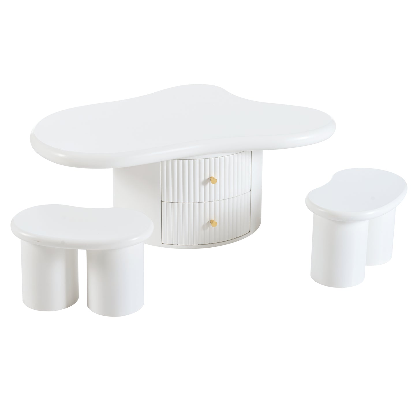 Cloud Coffee Table Set of 3: Irregular Shape, 2 Drawers & 2 Stools for Living Room