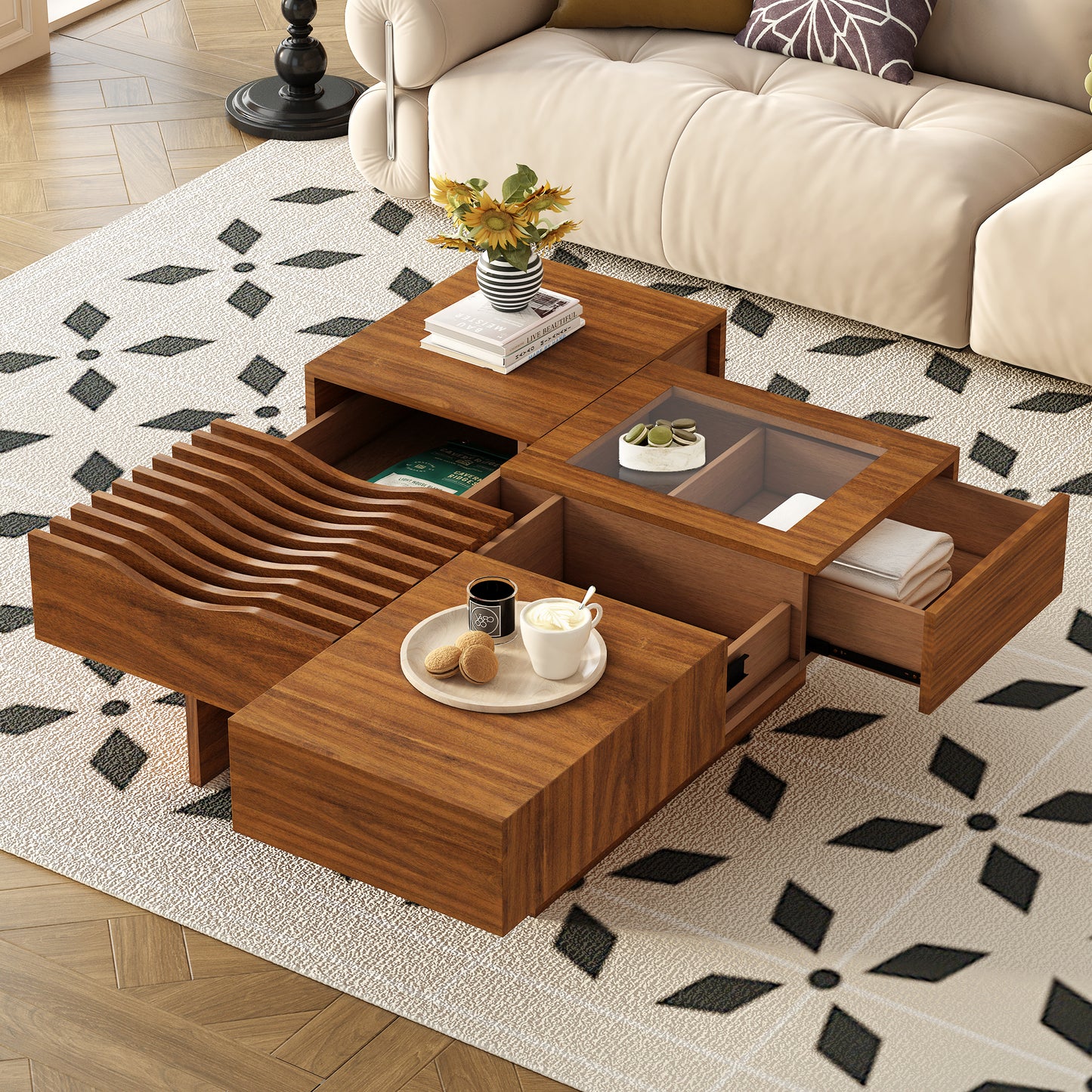 Mid - Century Modern Square Wooden Coffee Table: 3 Drawers, Tempered Glass & Solid Wood Legs for Living Room