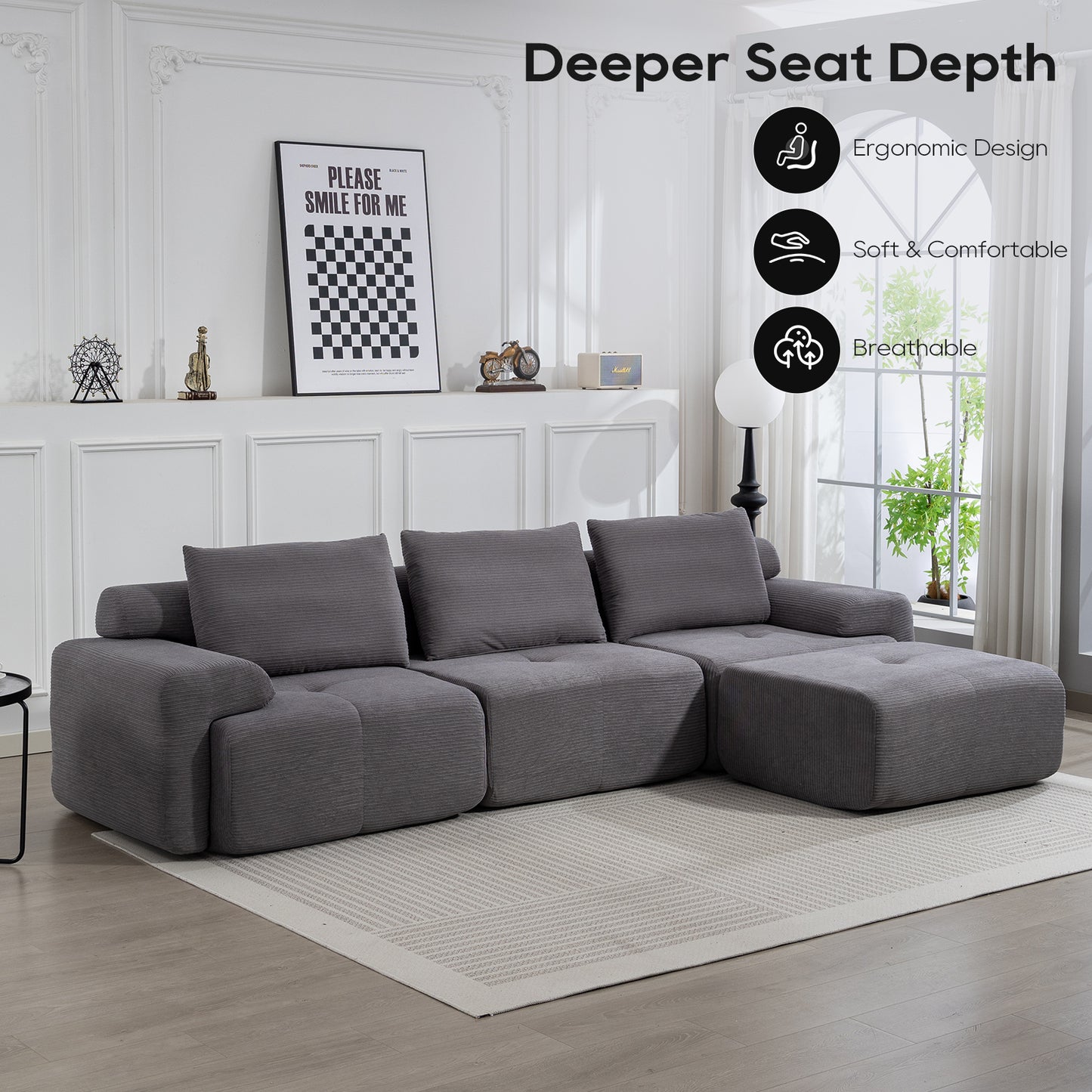 L-Shaped Sectional Sofa Bed – No Assembly, Memory Foam, Steel Frame (Grey/Green)