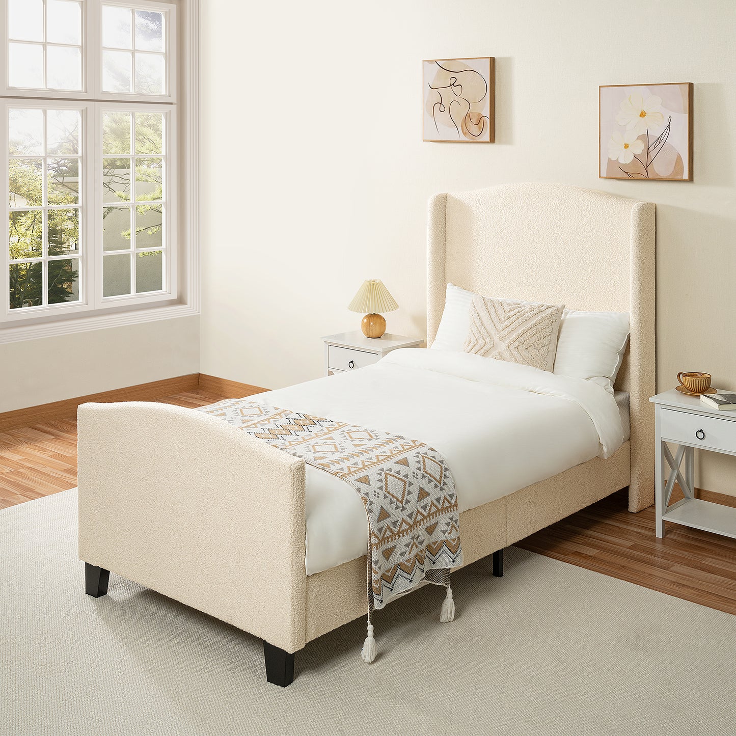 Teddy Velvet Bed Frame with High Back Upholstered Headboard and High Footboard
