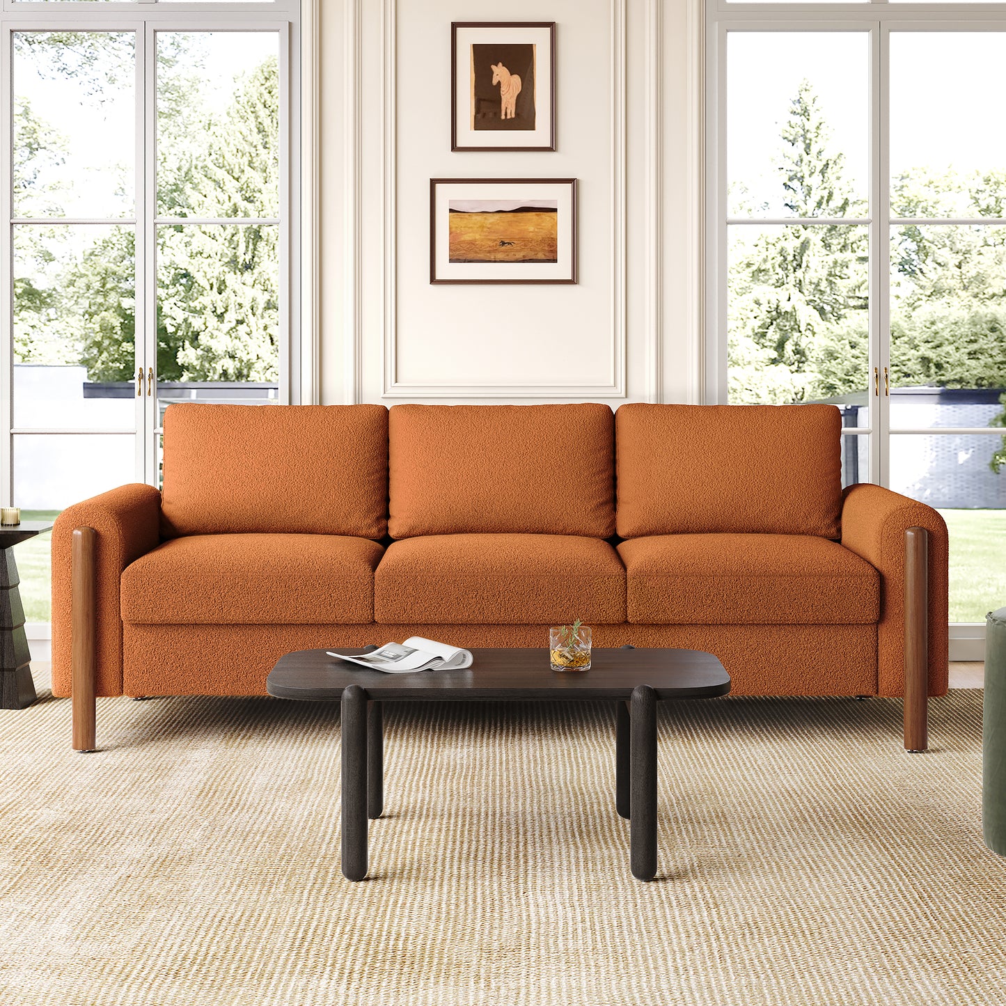 3-Seater Sofa with Curved Armrest & Integrated Solid Wood Frame – Teddy Velvet Fabric