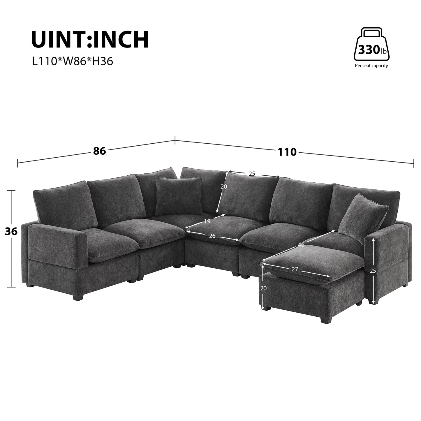 4-7 Seat Chenille Sectional Couch Set with 2 Pillows