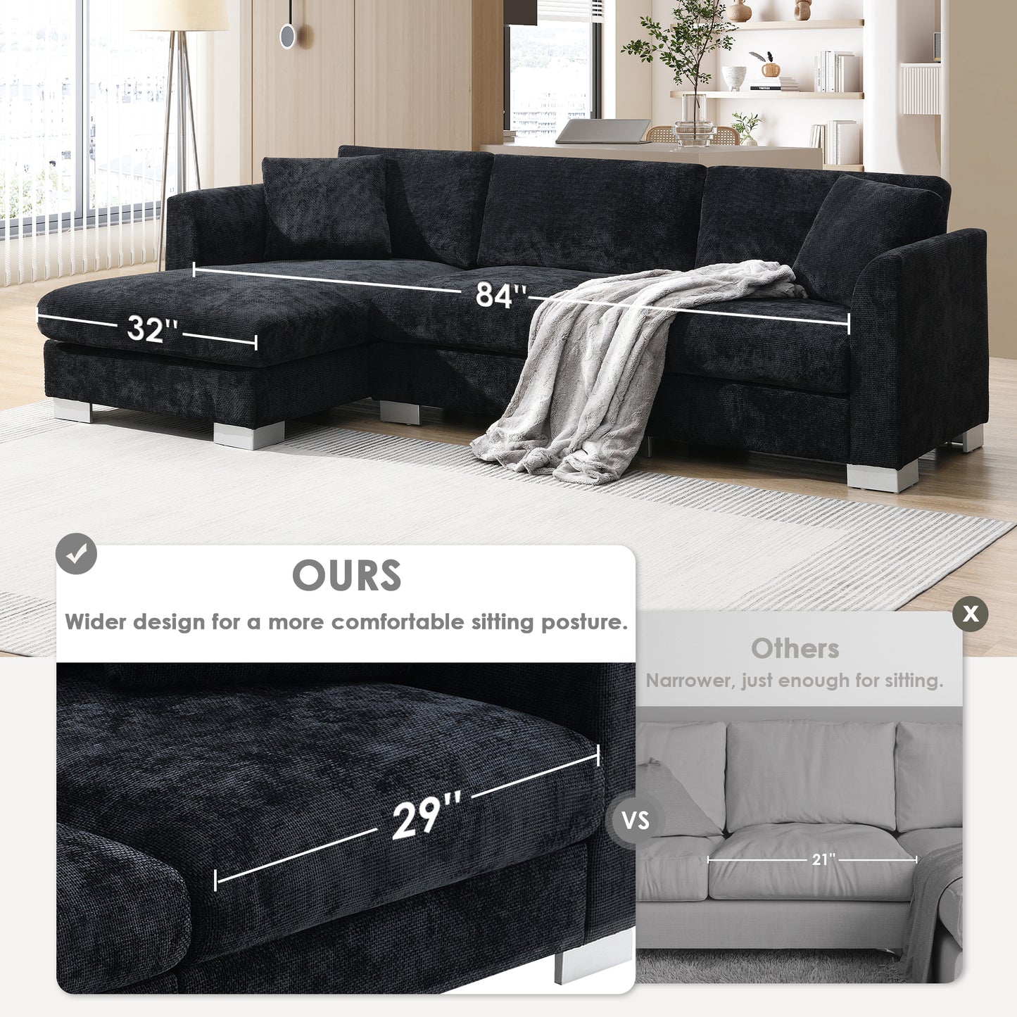 Modern 96*56" Cloud Sectional Sofa - 3 Colors for Home & Office