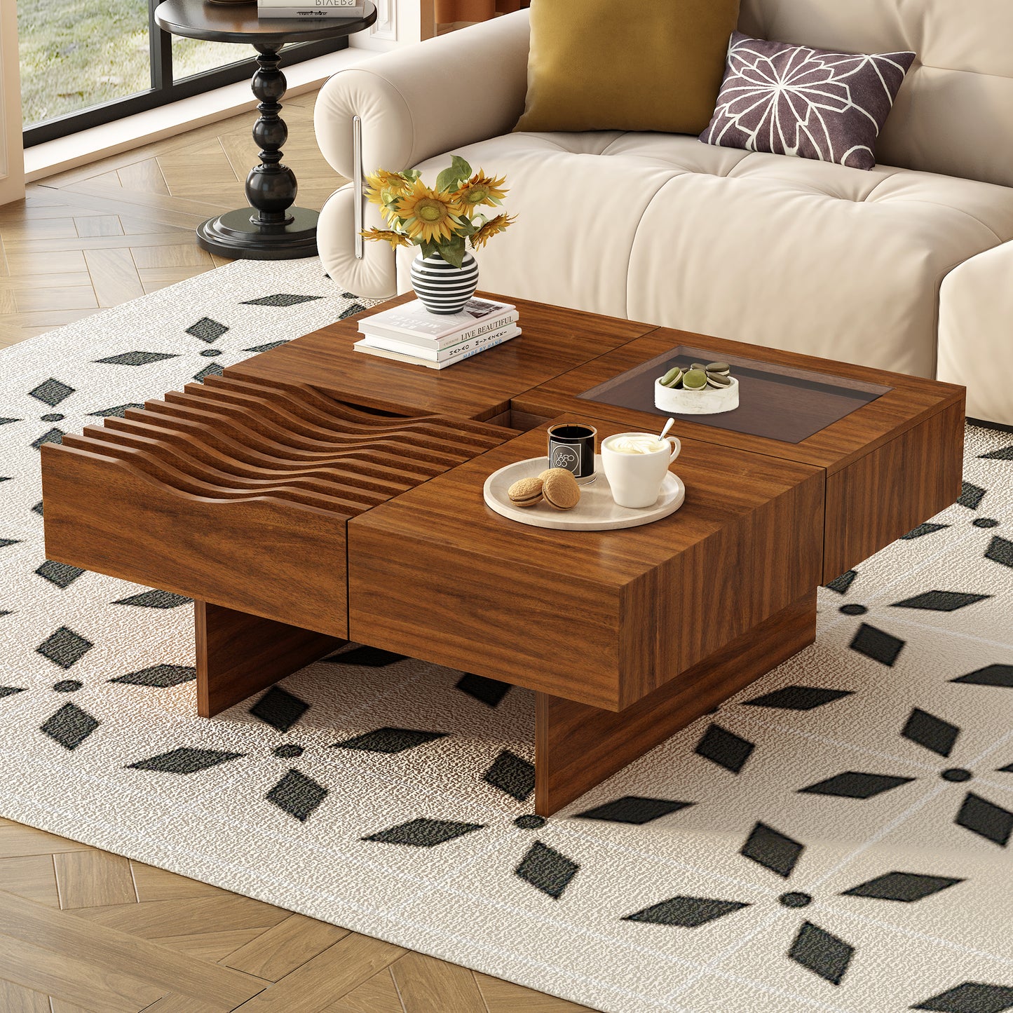 Mid - Century Modern Square Wooden Coffee Table: 3 Drawers, Tempered Glass & Solid Wood Legs for Living Room