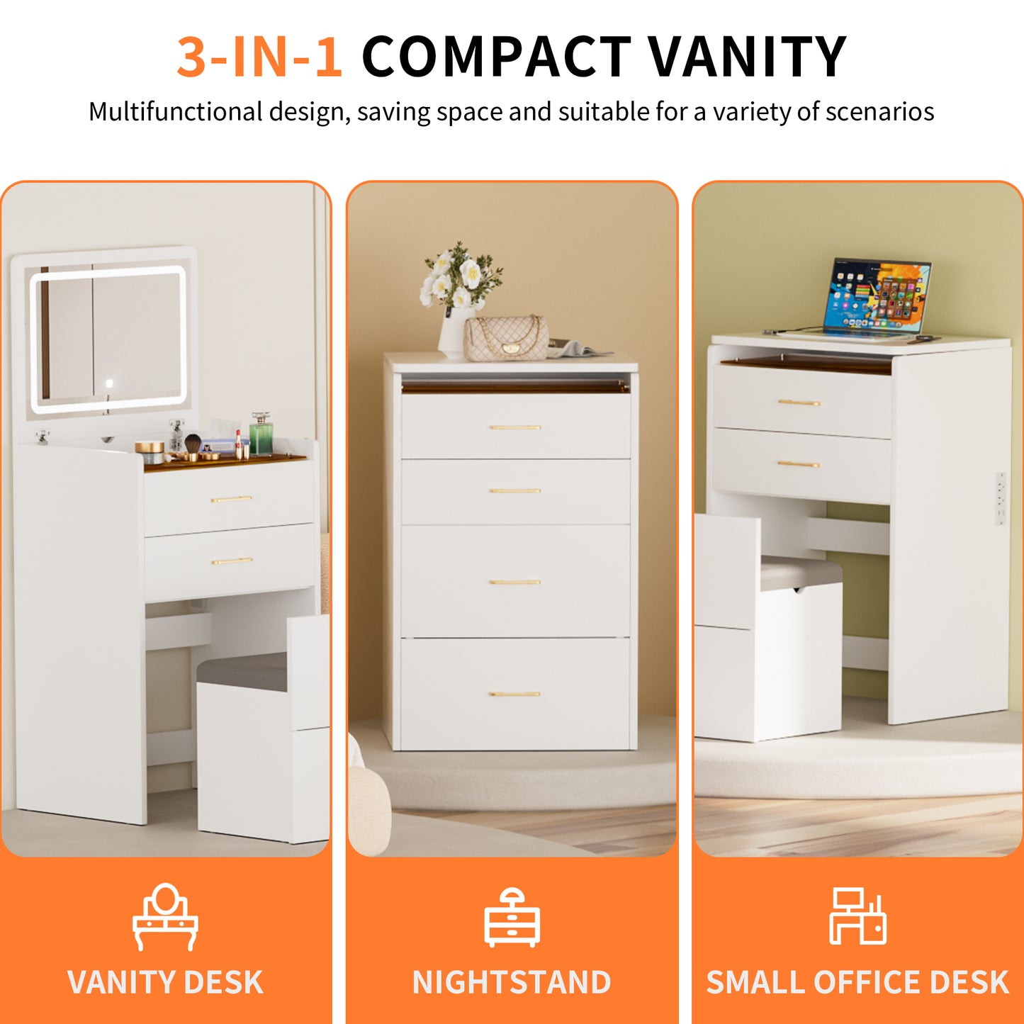 23.6'' Wide Makeup Vanity Table: Flip - Top Lighted, 3 - in - 1 with Storage Stool, Glass, LED, Power Outlet