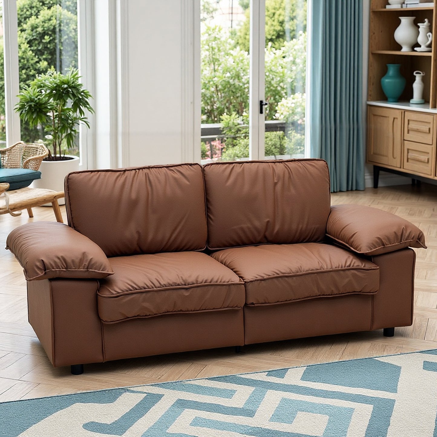 Brown Faux Leather Storage Sofa, 2-Seater Couch with Hidden Compartment for Small Spaces