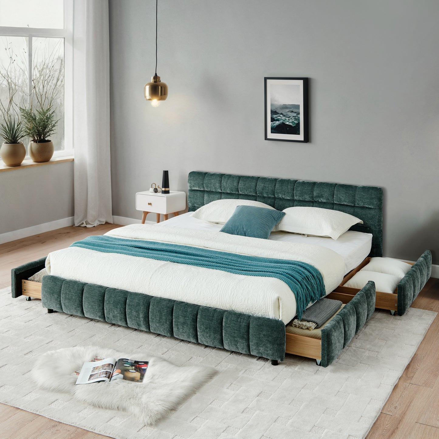 California King size Upholstered Bed Frame, Chenille fabric with headboard and solid bed frame. With drawer for storage