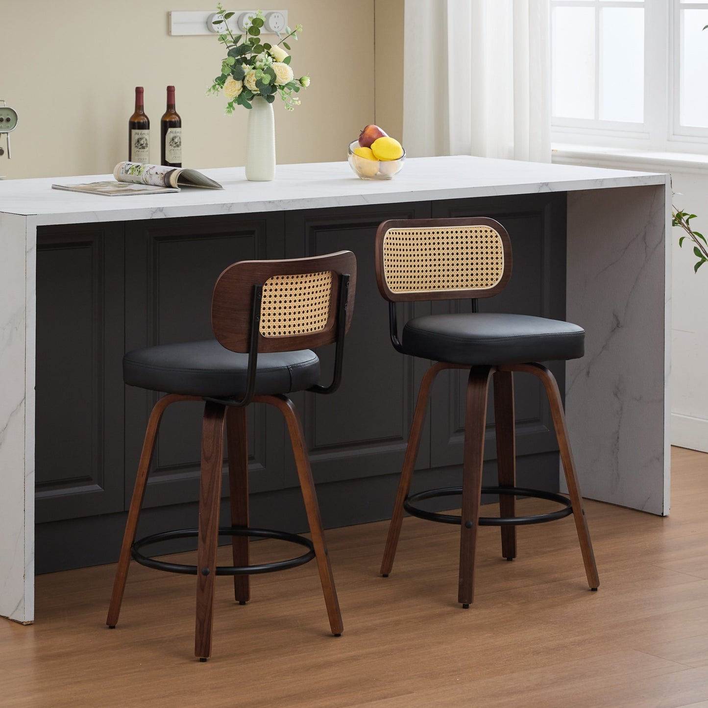 Counter Height Bar Stools with Cane Back, Upholstered Seat Swivel Counter Stools for Island/Kitchen/Counter/Bar
