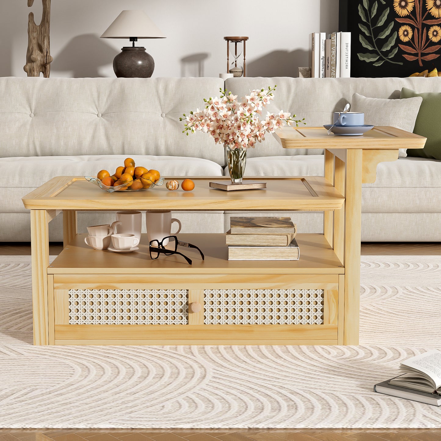 Modern Living Room Coffee Table: 1 Storage Shelf, 2 Tabletops & Rattan Drawer