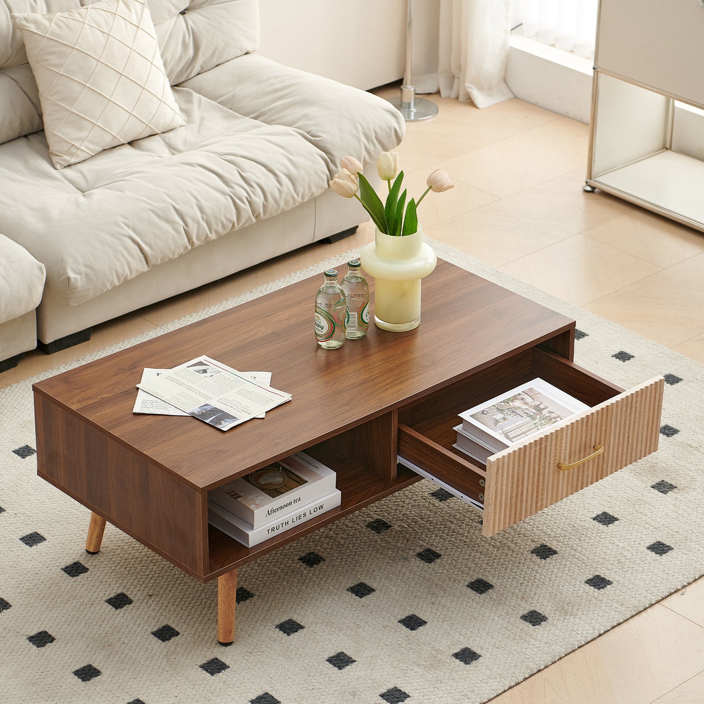 Coffee Table with Sliding Drawer: Rectangle Design, Solid Wood Legs-6 Colors