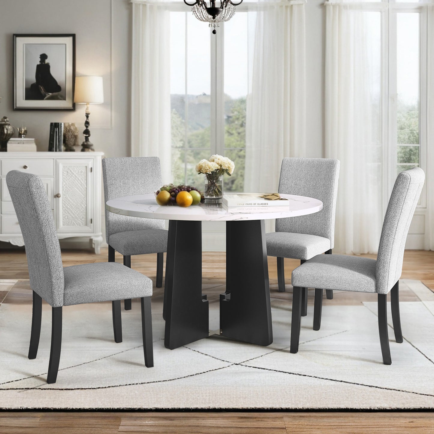 5 - Piece Round Dining Table Set: 43 - Inch Modern Table with 4 Upholstered Chairs, Easy Assembly for Dining Room