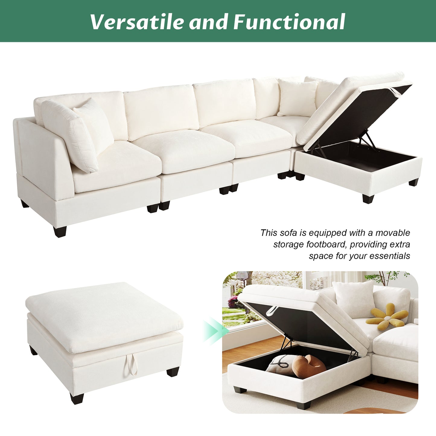 5-Seater Sectional Sofa - Upholstered, Storage Ottoman