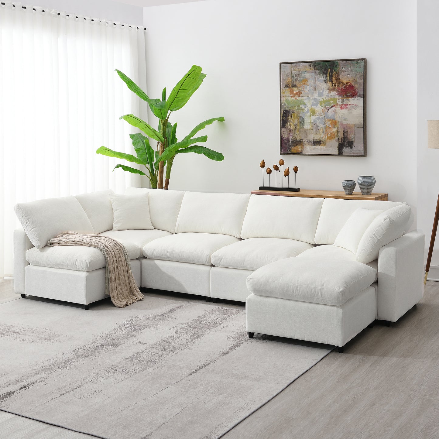 130" Modern Modular Cloud Sofa Bed: 6 - Seat Chenille Sectional with Ottoman, Free - Combo, U - Shaped Sleeper for Living Room
