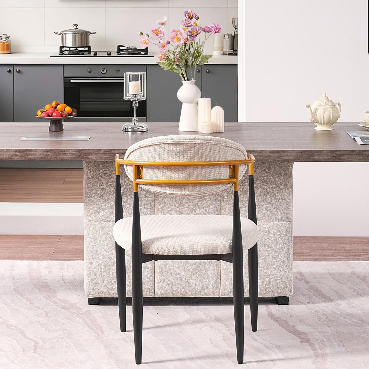Modern Upholstered Dining Chair with Gold-Accented Armrests Set of 2