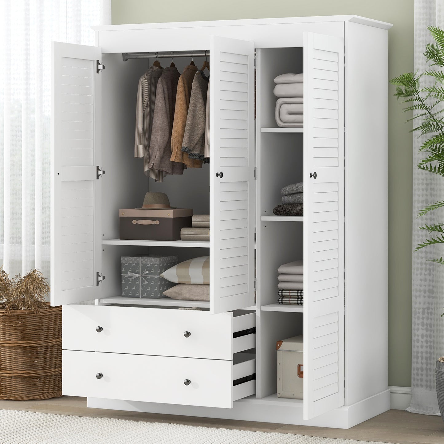 3 - Shutter Door Armoire Closet: White, 2 Drawers for Organized Living