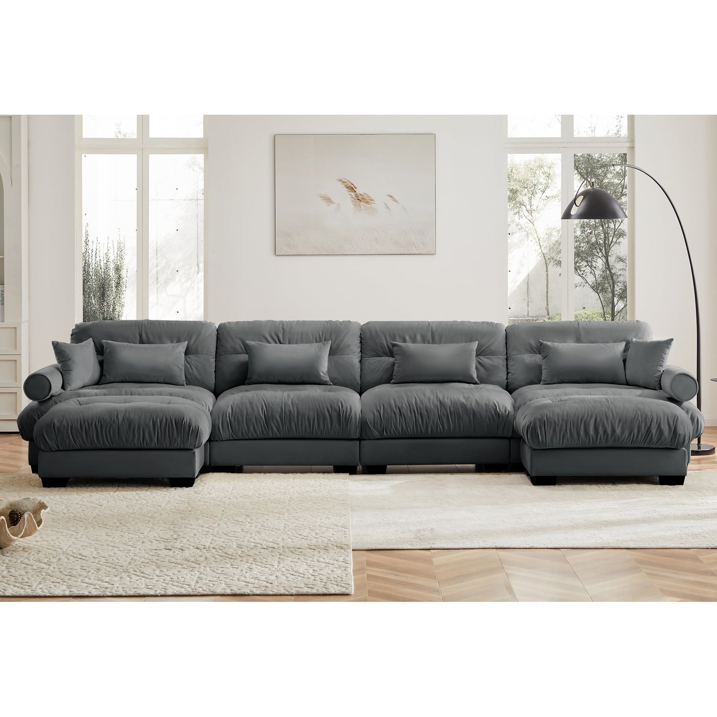 Deep Seat Cloud Couch Modular Velvet Sectional Sofa Couch with Movable Ottoman,Corner Sectional with Bolstered Armrests