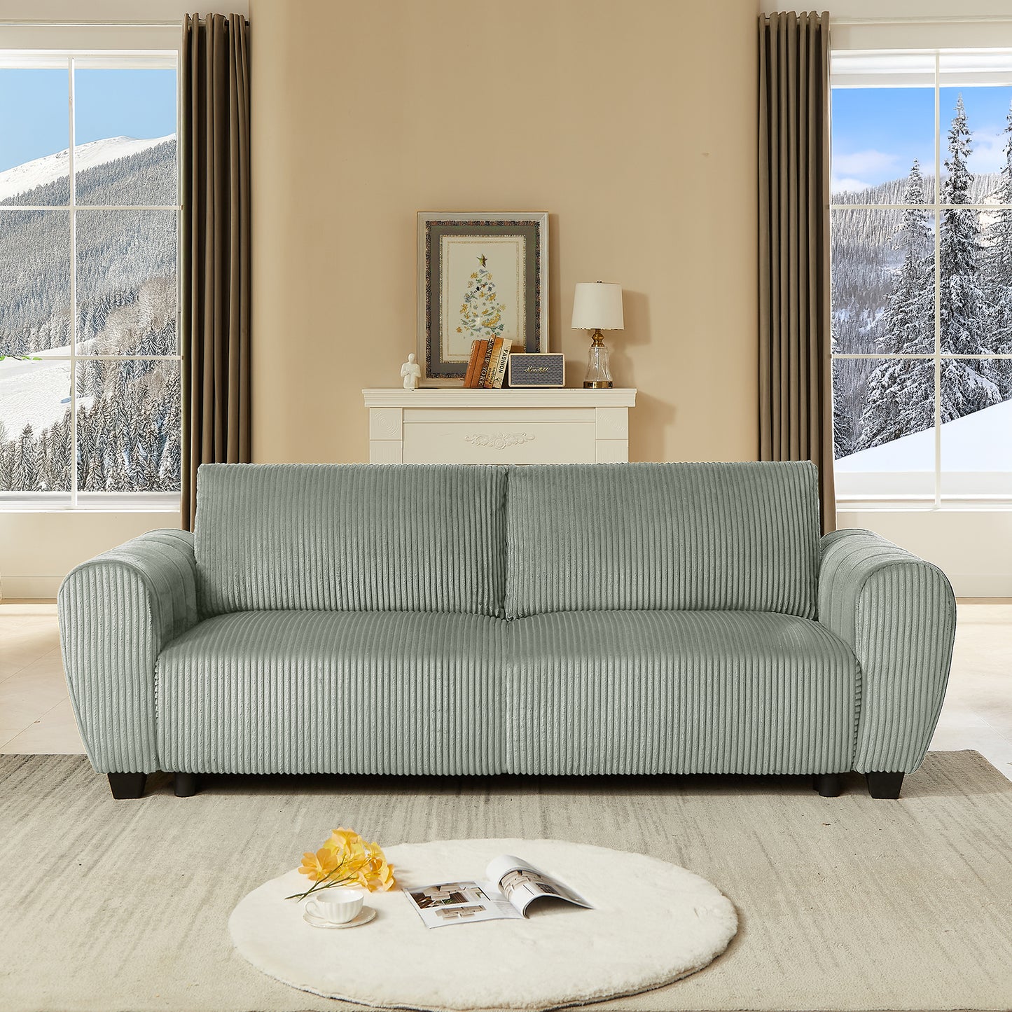 Corduroy Upholstered 3 Seat Sofa Couch,2-in-1 Convertible Sleeper Sofa