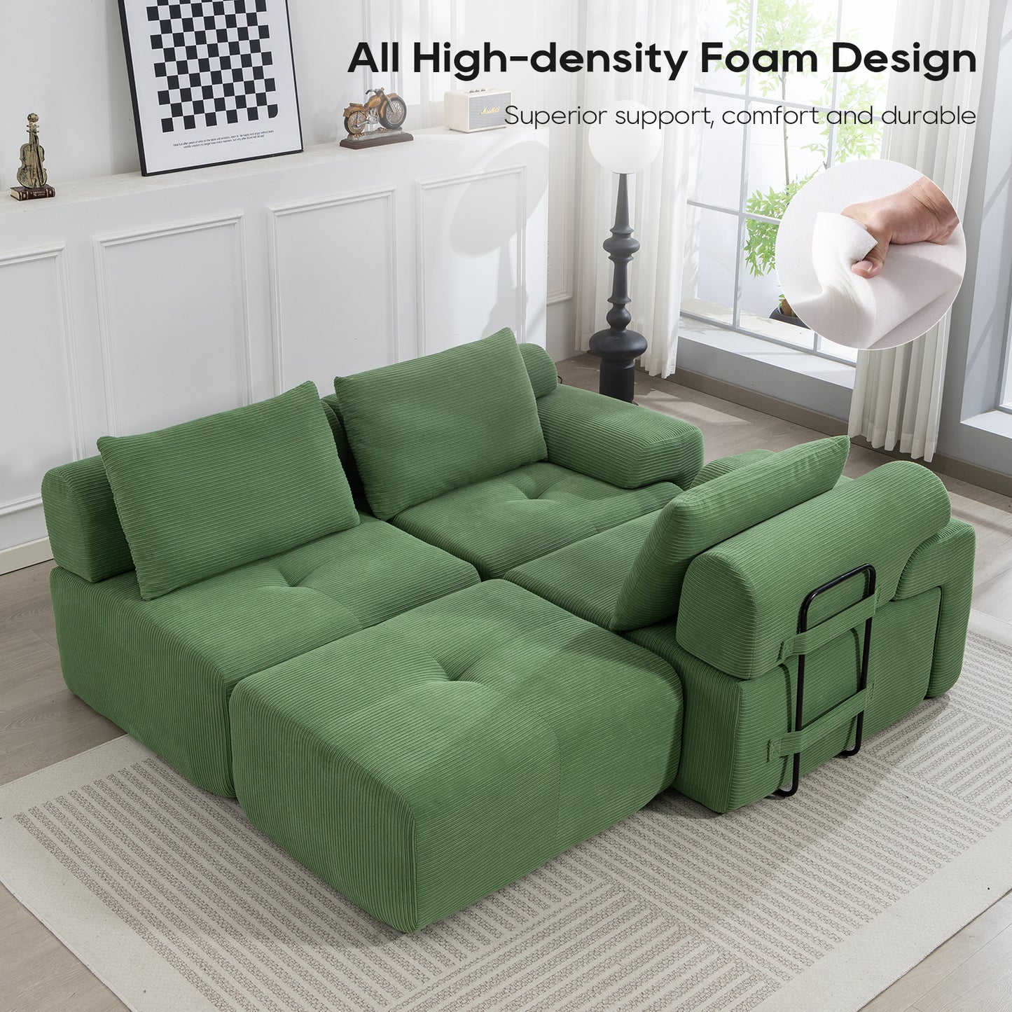 L-Shaped Sectional Sofa Bed – No Assembly, Memory Foam, Steel Frame (Grey/Green)