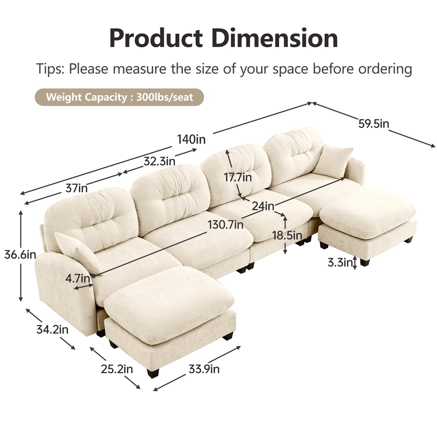 Modular Sectional Couch Chenille Fabric High-Density Foam 2-4 Seats ottoman Optional
