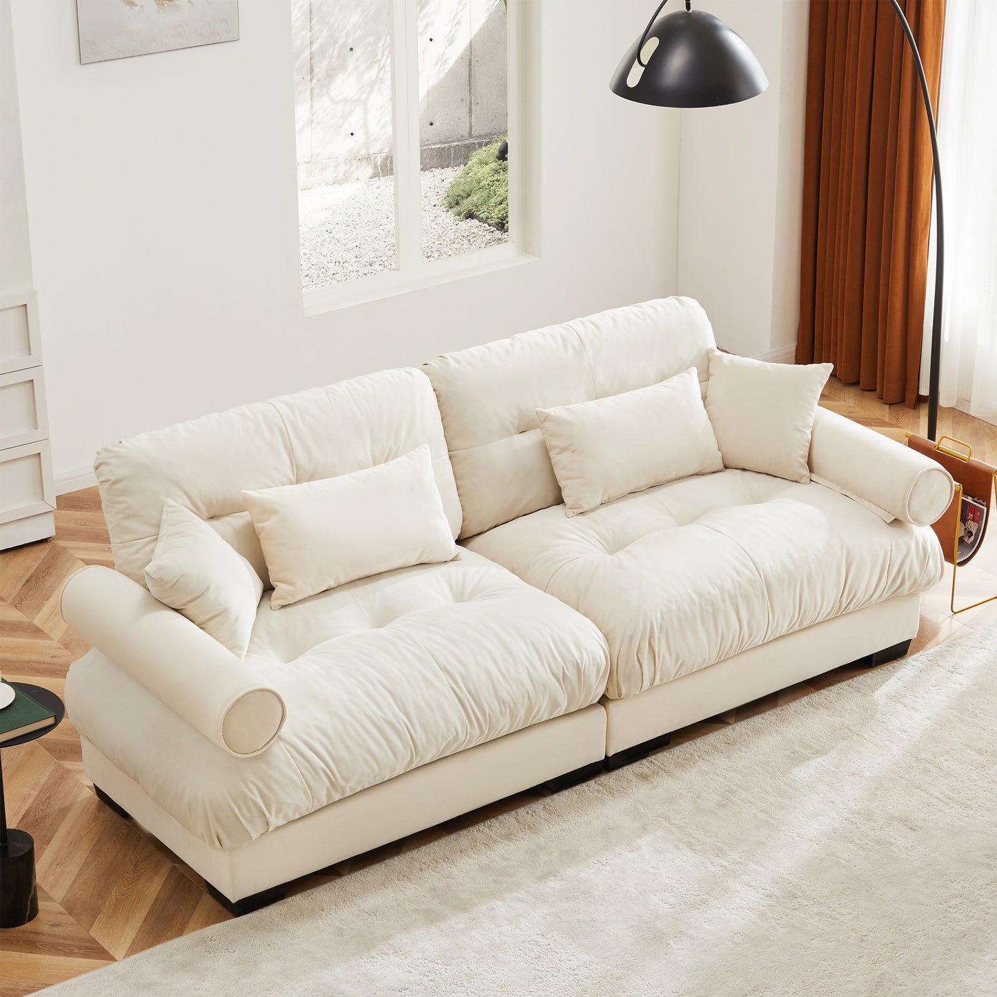 Deep Seat Cloud Couch in Cream: Modular Velvet Sectional with Bolstered Armrests 2-3-4 seats
