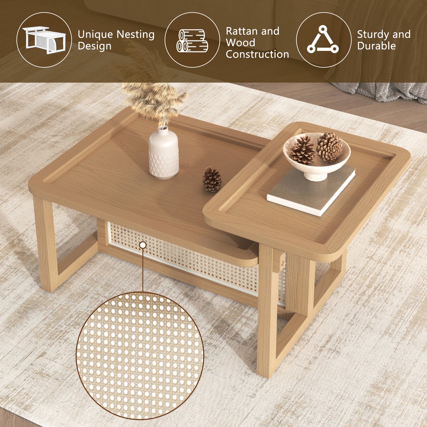 Modern 2 - Piece Nesting Coffee Table Set: Rattan Wood and MDF