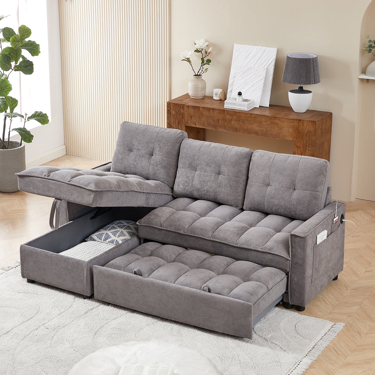 Pull-Out Sofa Bed with USB and tape-c charging ports, L-Shaped Sectional Sofa with Reclining Storage and Arm Side Organizer Pocket Features