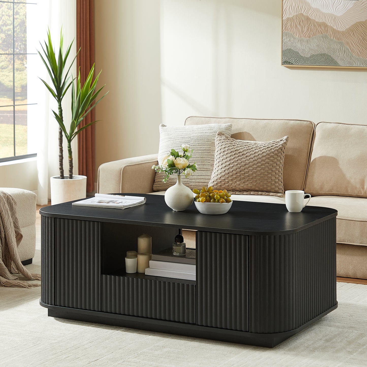 Modern Luxury Oval Coffee Table with Drawers & Storage – Curved Contour Design, Living Room Center Table